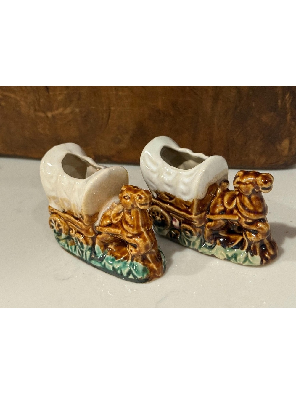 Vintage Mid-Century Ceramic Horse & Wagon Toothpick Holders – Western set of 2